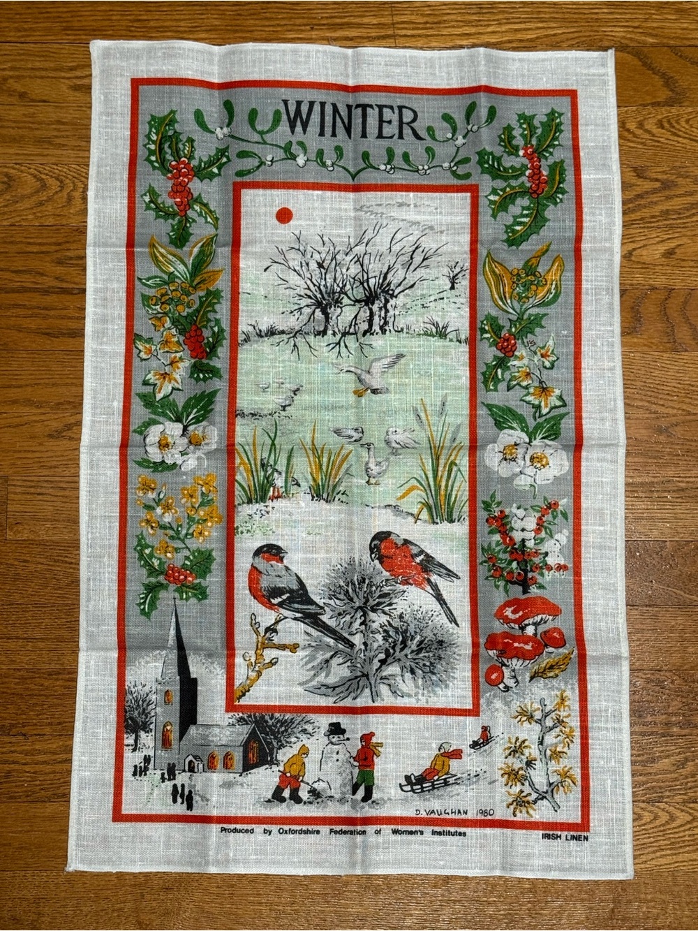 VTG 1980 Irish Linen Tea Towel Winter Scene D Vaughan Oxfordshire WI Folk